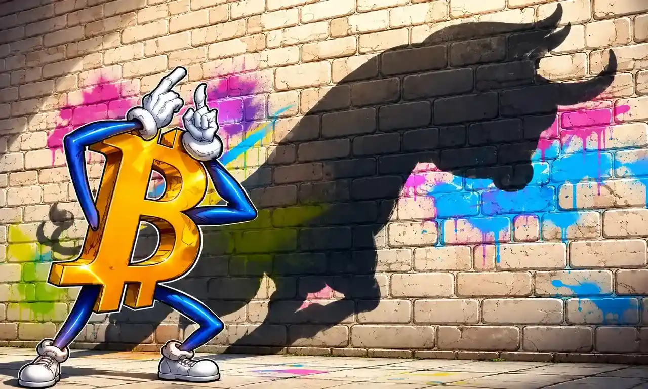 Ilustração de Bitcoin diante da sombra de um touro em parede grafitada