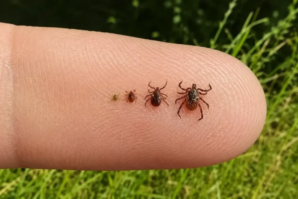 Imagem em close mostra carrapatos de diferentes tamanhos sobre a ponta de um dedo.