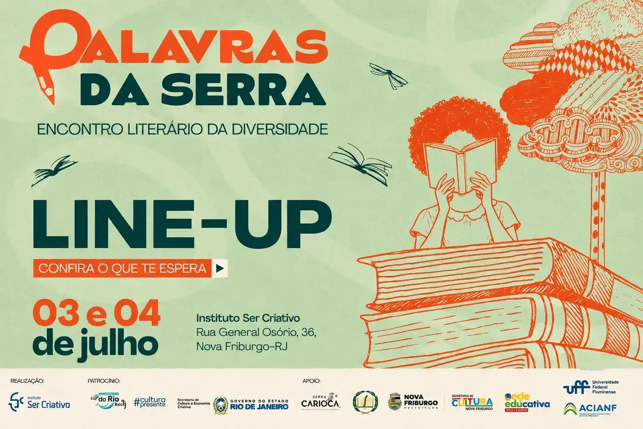 Arte de divulgação do Palavras da Serra com a programação de sexta-feira e sábado, incluindo palestras, oficinas, apresentações musicais, feira do livro e atividades culturais.