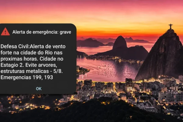 Alerta de ventos fortes enviado aos celulares de moradores do Rio de Janeiro