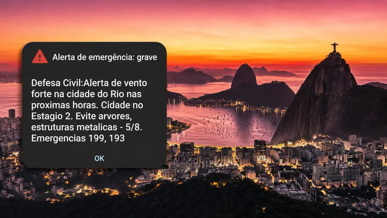 Alerta de ventos fortes enviado aos celulares de moradores do Rio de Janeiro