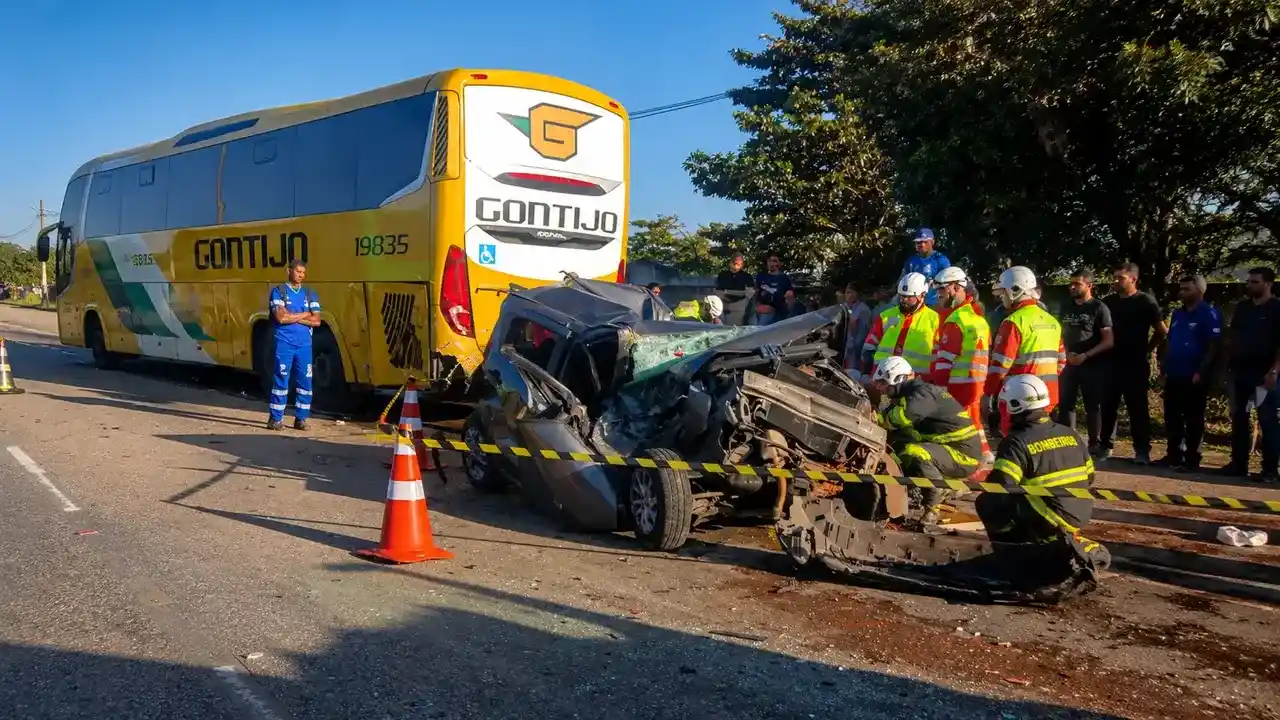 Batida sinistra: Carro fica destruído após bater na traseira de ônibus na Rio-Magé