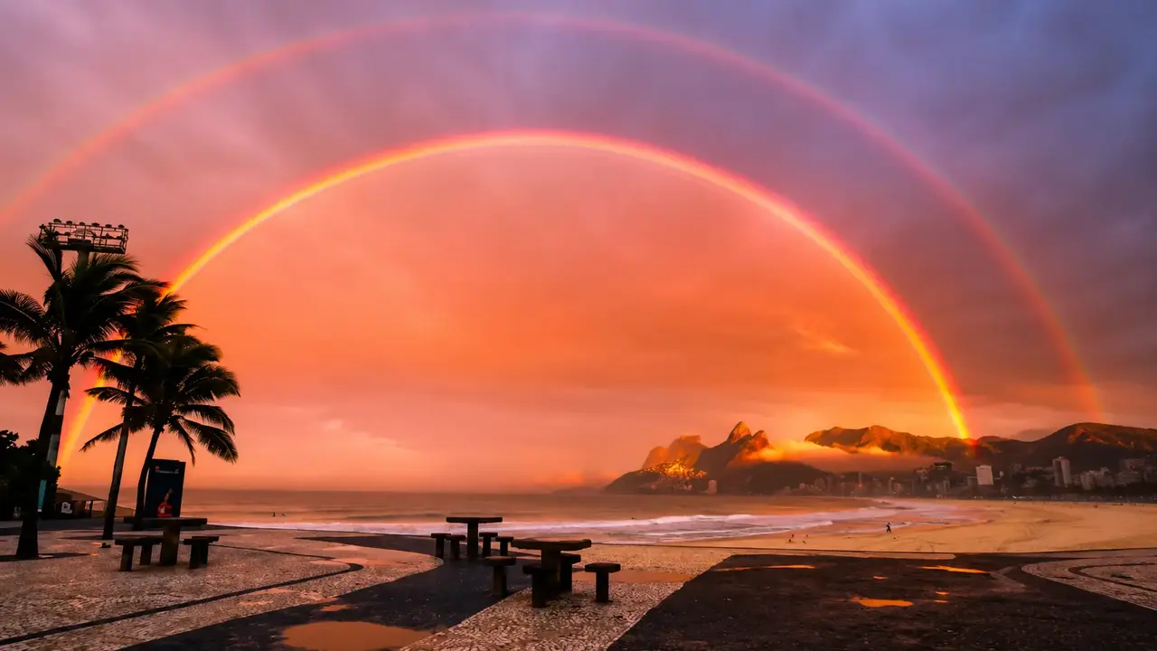 Arco-íris duplo aparece sobre o céu da Zona Sul do Rio de Janeiro durante o amanhecer.