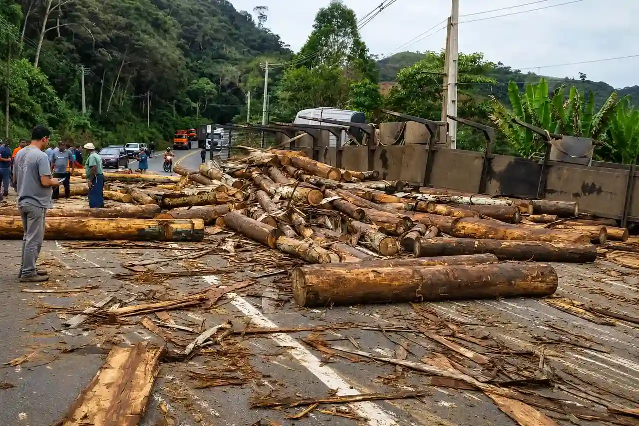 Carreta tombada com toras de madeira espalhadas pela RJ-130, entre Nova Friburgo e Teresópolis.