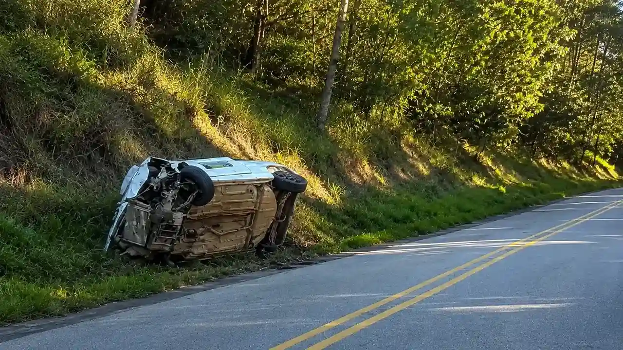 Carro capota após colisão frontal em Nova Friburgo; envolvidos escapam sem ferimentos graves