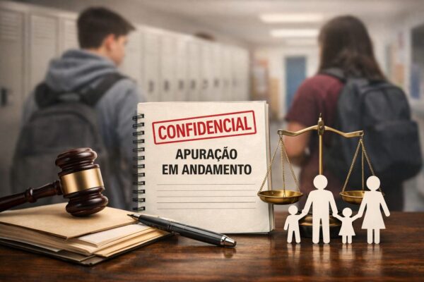 Imagem com martelo de juiz, balança da justiça e bloco com a palavra 'Confidencial'.