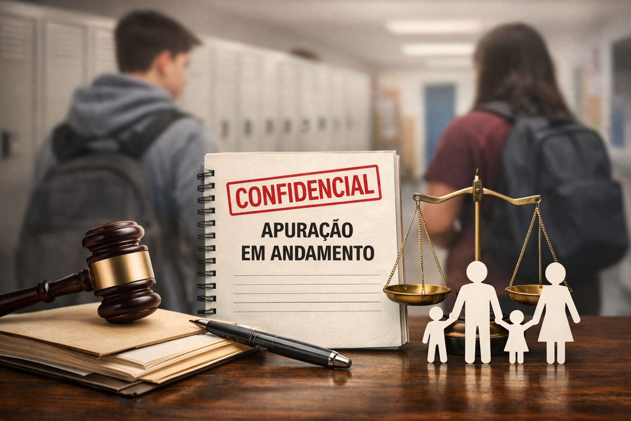 Imagem com martelo de juiz, balança da justiça e bloco com a palavra 'Confidencial'.