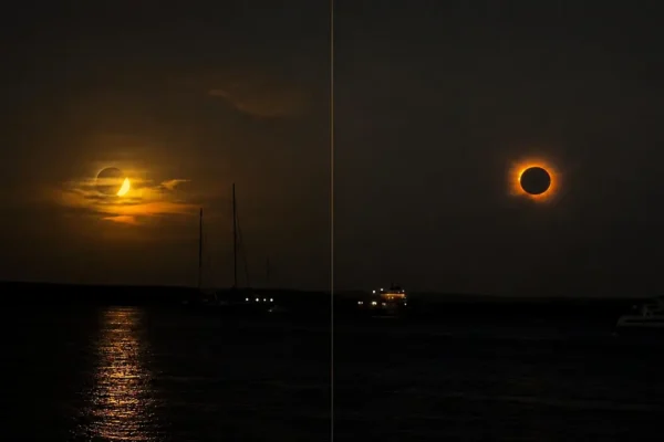 Lua encobre o Sol durante eclipse solar total observado no Hemisfério Norte