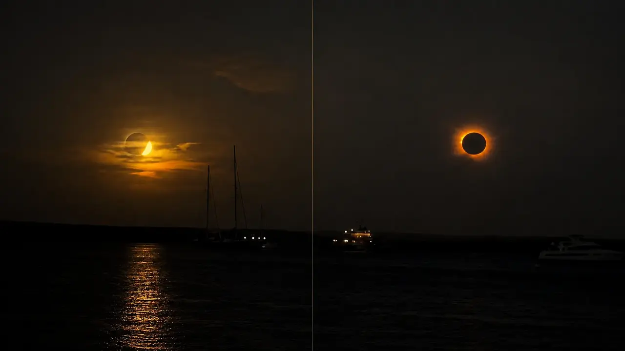 Lua encobre o Sol durante eclipse solar total observado no Hemisfério Norte