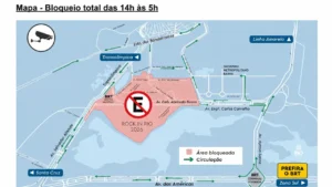 Mapa mostra área bloqueada e rotas de circulação no entorno da Cidade do Rock durante o Rock in Rio 2026