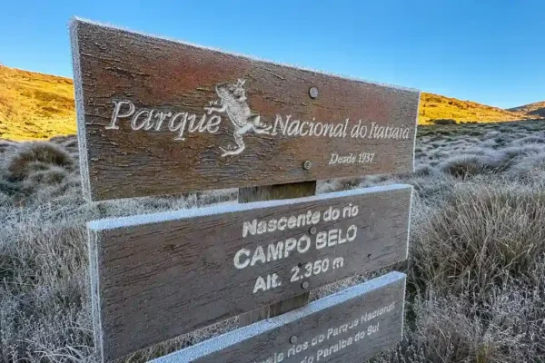 Mascote do EcoSerrano observa termômetro marcando -4,3°C no Parque Nacional do Itatiaia.