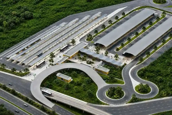 Imagem aérea em perspectiva do projeto do Terminal Missões, com plataformas de ônibus, vias de circulação, áreas verdes e acesso por um grande viaduto.