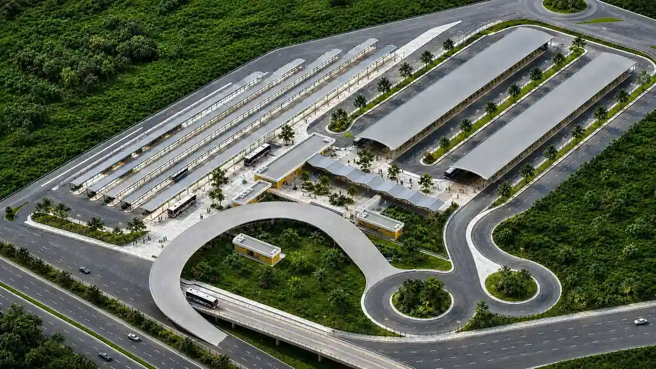 Imagem aérea em perspectiva do projeto do Terminal Missões, com plataformas de ônibus, vias de circulação, áreas verdes e acesso por um grande viaduto.