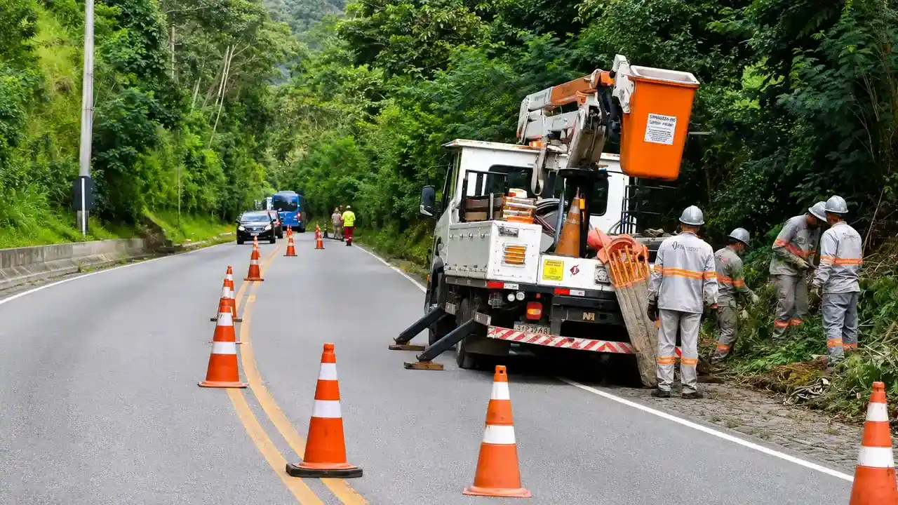Caminhão de serviço parado às margens da RJ-116, com cones na pista e equipes trabalhando na poda de vegetação em Nova Friburgo.