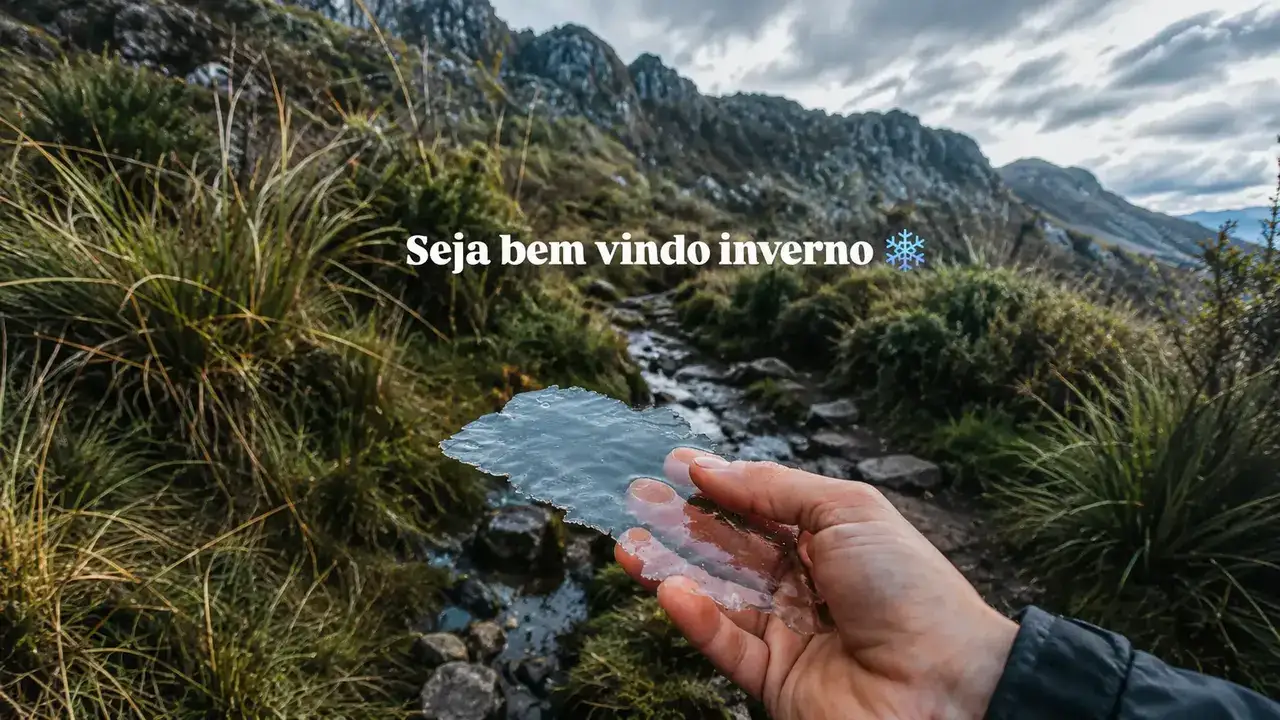 Vegetação coberta por gelo no Parque Nacional do Itatiaia durante a primeira geada do inverno de 2026.