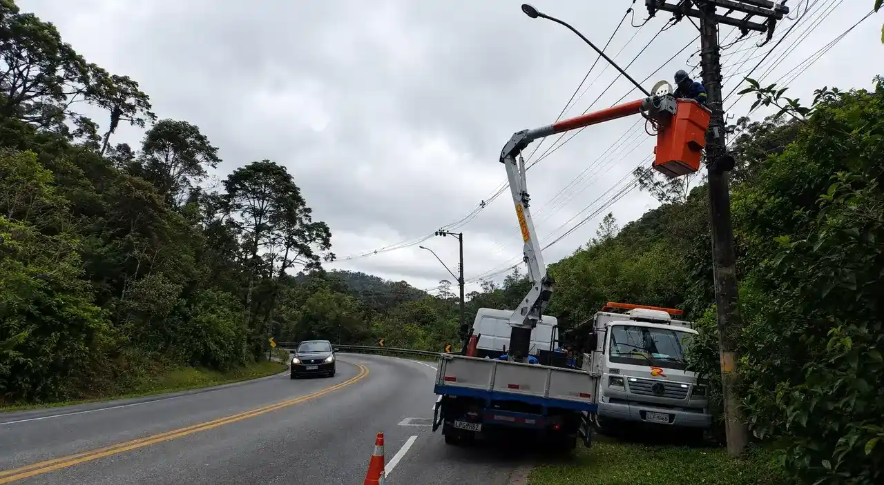 Funcionários realizam poda de árvores às margens da RJ-116 enquanto veículos passam pela rodovia sob operação Pare e Siga.