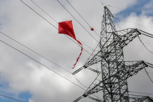 Pipa presa próxima à rede elétrica, situação que representa risco de choque e interrupção no fornecimento de energia.