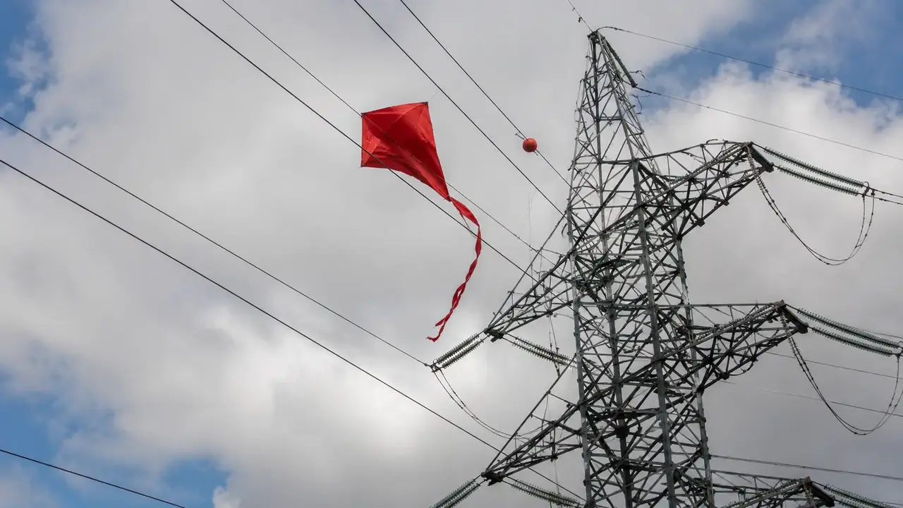 Pipa presa próxima à rede elétrica, situação que representa risco de choque e interrupção no fornecimento de energia.