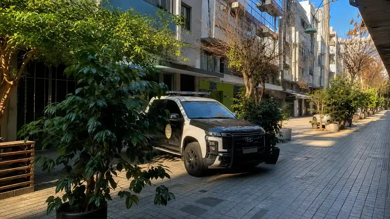 Viaturas da Delegacia de Roubos e Furtos de Cargas estacionadas na Rua Portugal, no Centro de Nova Friburgo.