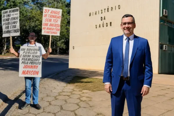 Servidor público em ambiente de atendimento ou repartição municipal, representando trabalhadores que mantêm serviços essenciais em funcionamento.