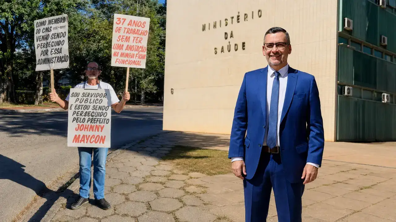Servidor público em ambiente de atendimento ou repartição municipal, representando trabalhadores que mantêm serviços essenciais em funcionamento.
