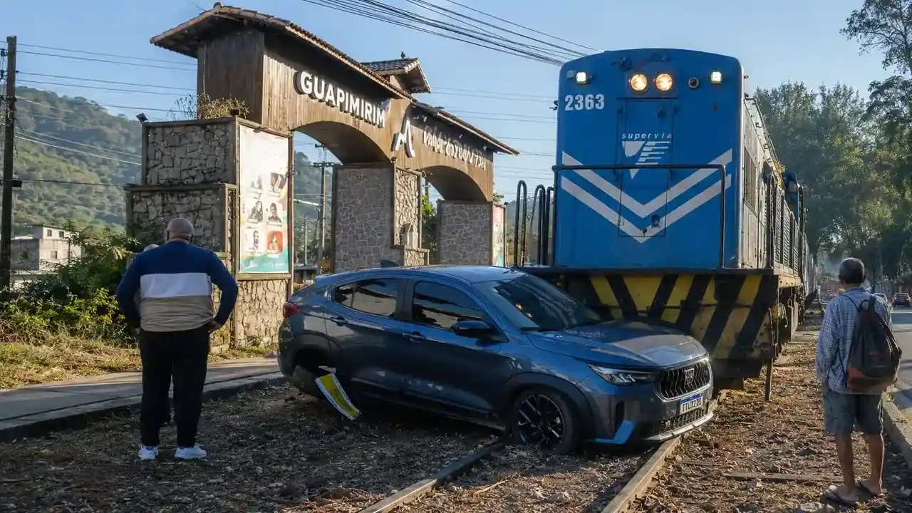 Carro atingido por trem na estação Parada Modelo, em Guapimirim
