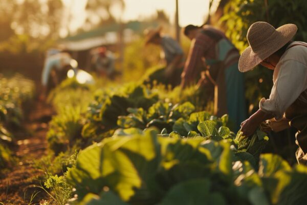 Agricultores colhendo vegetais em lavoura sob sol forte.