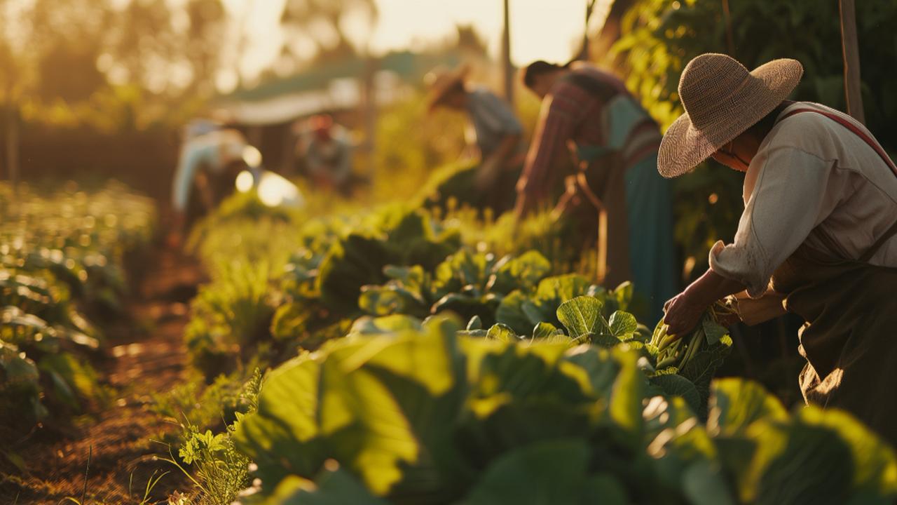 Agricultores colhendo vegetais em lavoura sob sol forte.
