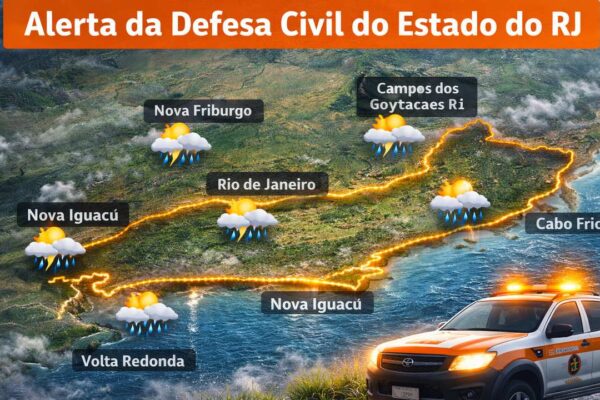 Alerta da Defesa Civil do Estado do RJ: previsão do tempo com chuva em diversas cidades.