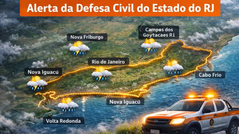 Alerta da Defesa Civil do Estado do RJ: previsão do tempo com chuva em diversas cidades.