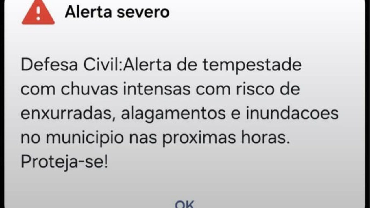 Alerta de tempestade com chuvas intensas e risco de alagamentos em Nova Friburgo.