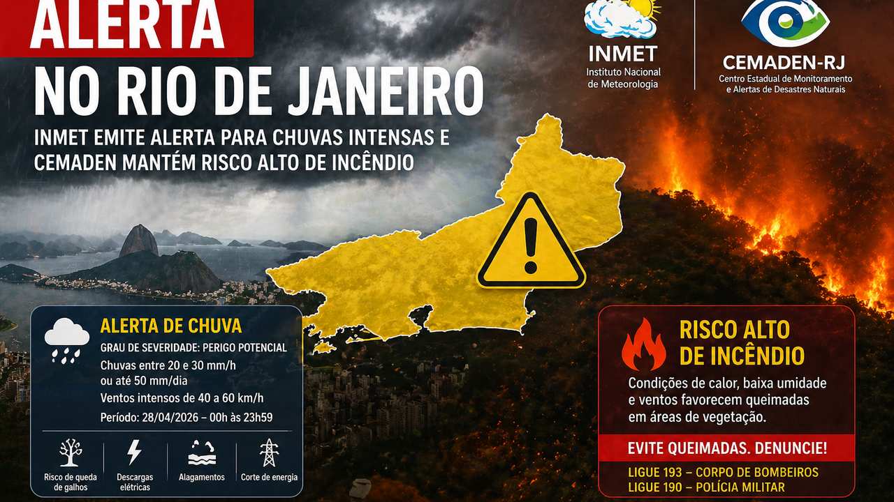Alerta no Rio de Janeiro: Chuvas intensas e risco de incêndio. INMET e CEMADEN emitem alertas.