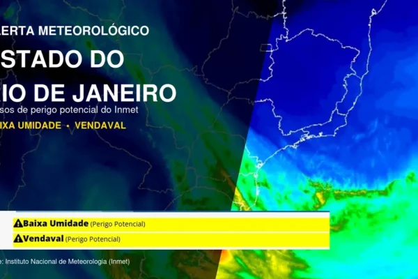 Alerta de baixa umidade e vendaval para áreas do Estado do Rio de Janeiro.