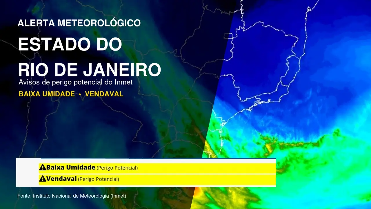 Alerta de baixa umidade e vendaval para áreas do Estado do Rio de Janeiro.