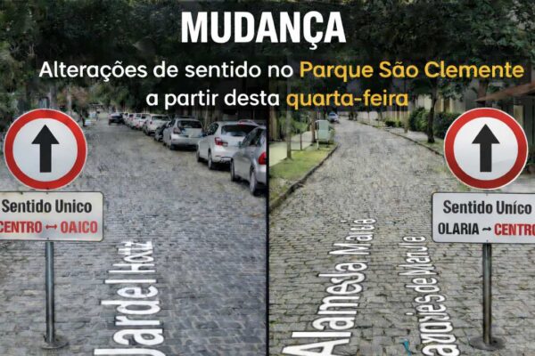 Alterações de sentido no Parque São Clemente em Nova Friburgo, com placas indicativas. Mudança de direção.