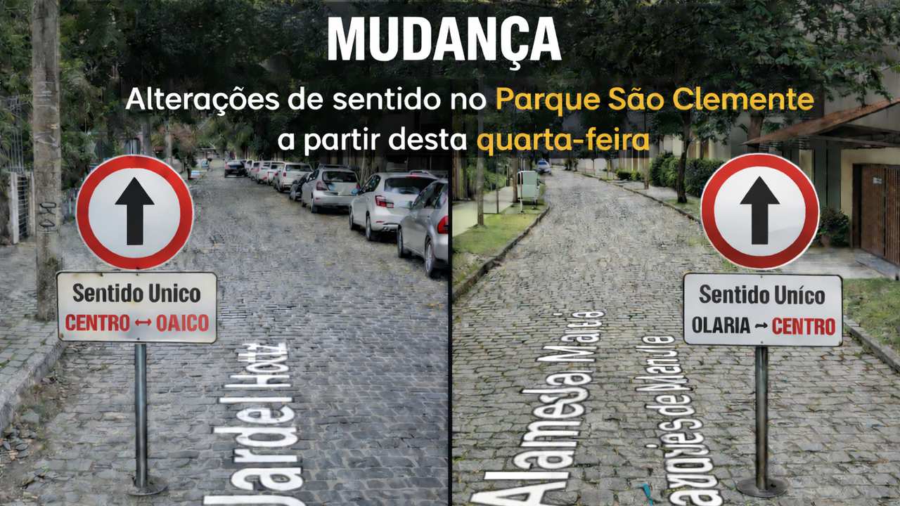 Alterações de sentido no Parque São Clemente em Nova Friburgo, com placas indicativas. Mudança de direção.