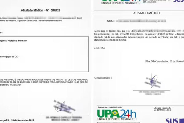 Atestado médico com informações sobre afastamento do trabalho e CID.