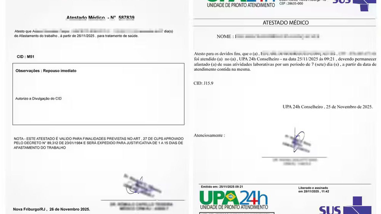 Atestado médico com informações sobre afastamento do trabalho e CID.