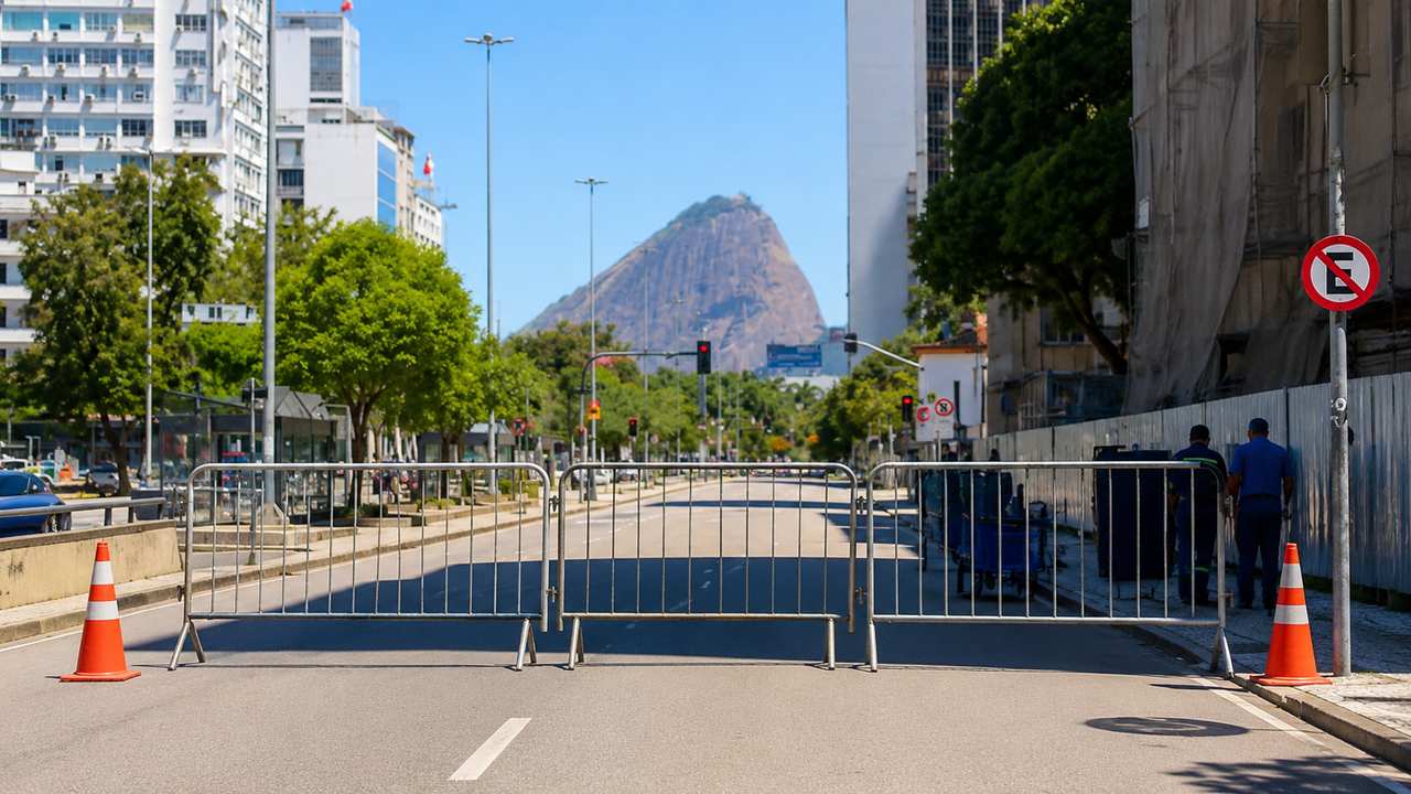 Avenida Presidente Vargas no Rio de Janeiro com barreiras de segurança e montanha ao fundo.
