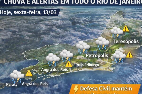 Boletim meteorológico: chuva e alertas em várias regiões do Rio de Janeiro.