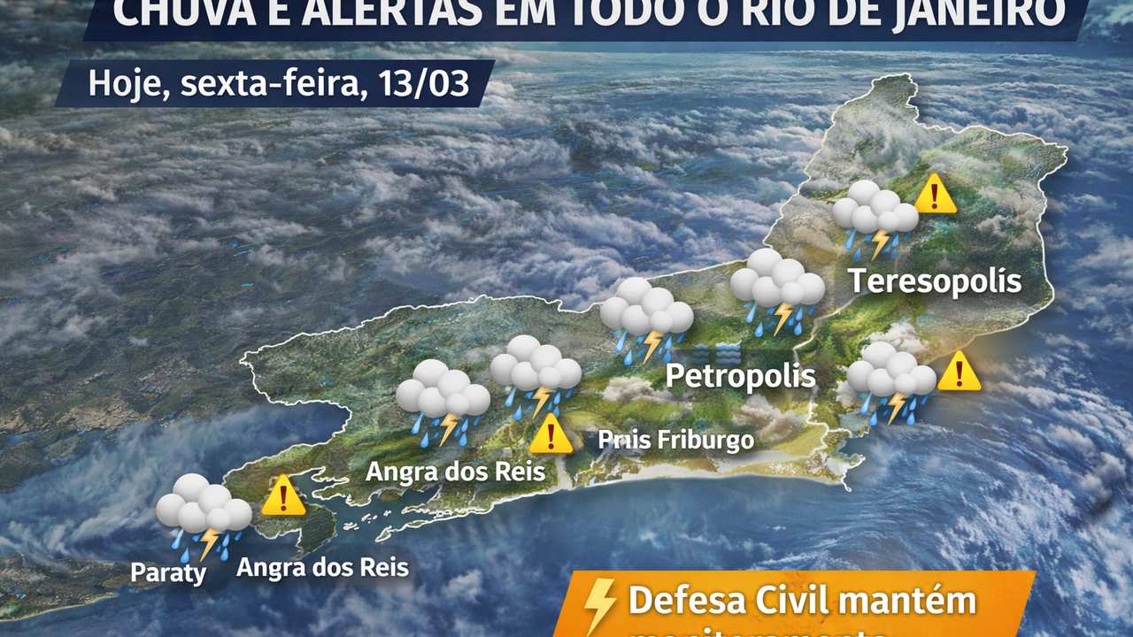 Boletim meteorológico: chuva e alertas em várias regiões do Rio de Janeiro.