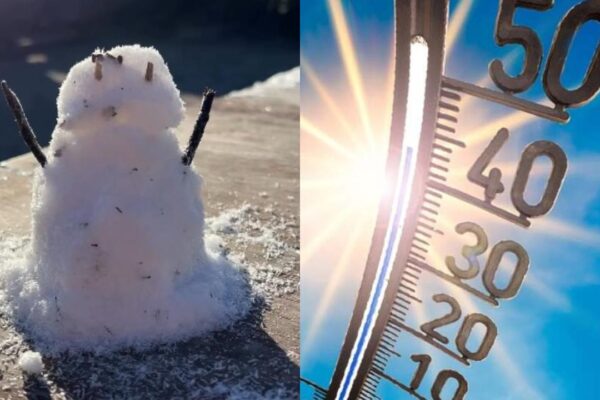Boneco de neve derretendo sob sol forte com termômetro mostrando altas temperaturas.