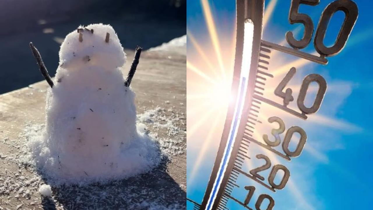 Boneco de neve derretendo sob sol forte com termômetro mostrando altas temperaturas.