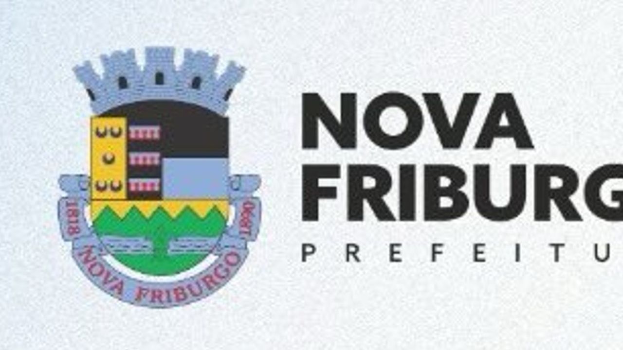 Brasão da Prefeitura de Nova Friburgo com detalhes em azul, refletindo atualização de 2024.