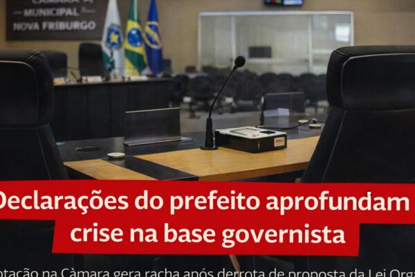 Câmara Municipal de Nova Friburgo com destaque para mesa e manchete sobre crise política.