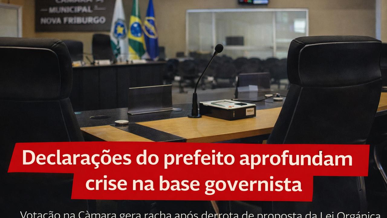 Câmara Municipal de Nova Friburgo com destaque para mesa e manchete sobre crise política.