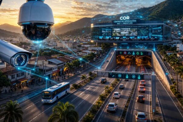 Câmeras de segurança monitoram trânsito e cidade, conectadas a um centro de operações.