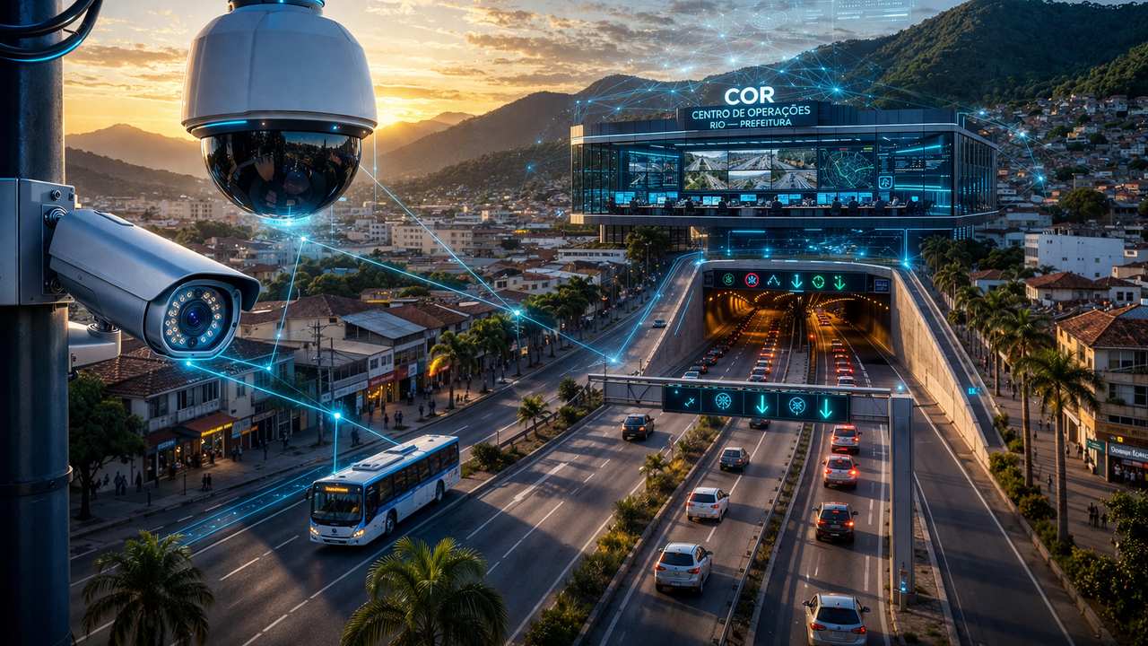 Câmeras de segurança monitoram trânsito e cidade, conectadas a um centro de operações.
