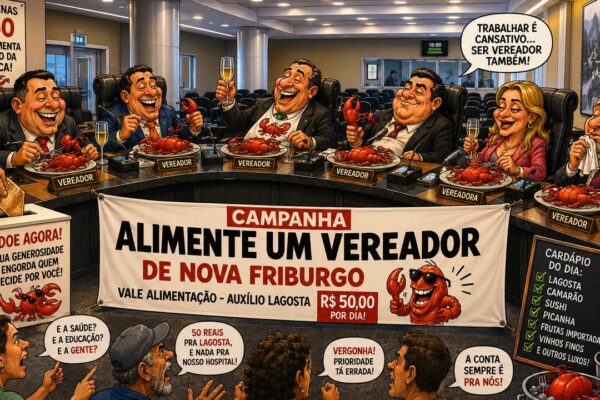 Caricatura de vereadores em Nova Friburgo comendo lagosta, símbolo de auxílio alimentação polêmico.