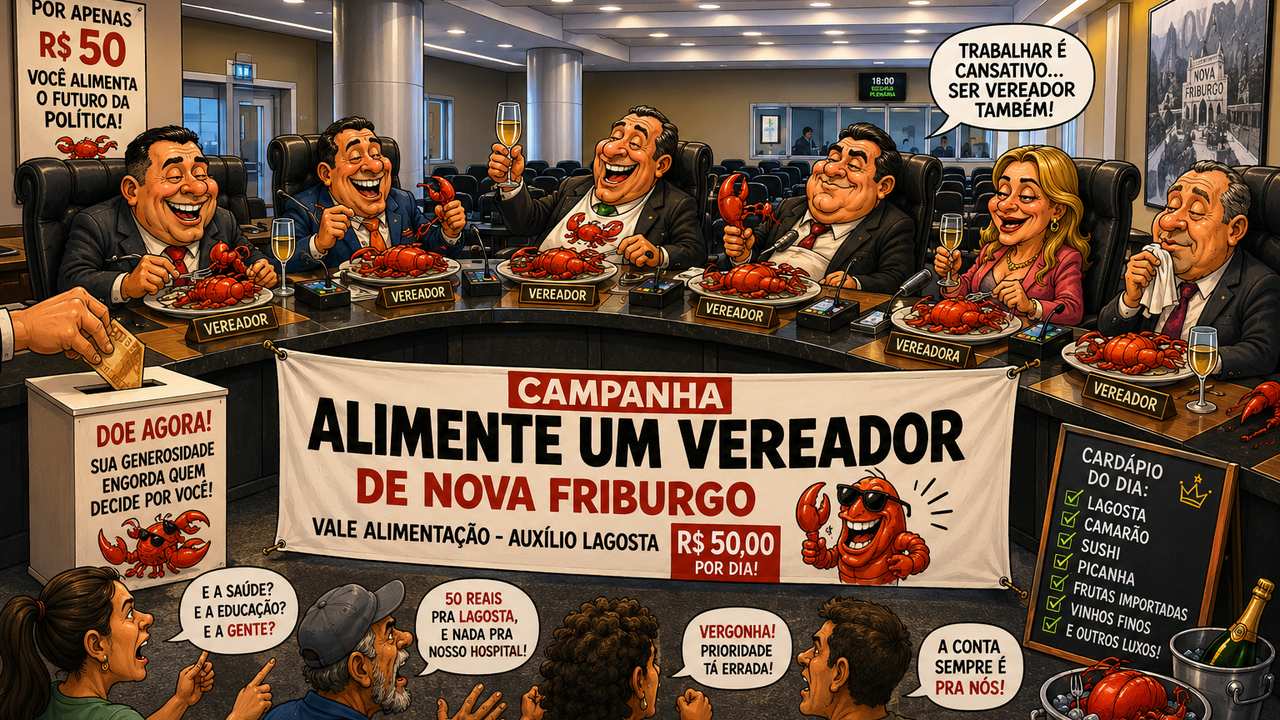 Caricatura de vereadores em Nova Friburgo comendo lagosta, símbolo de auxílio alimentação polêmico.